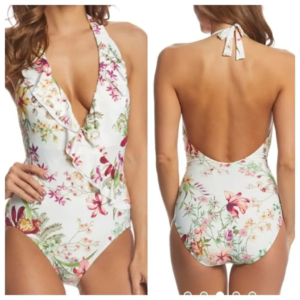 Carmen Marc valvo ruffle floral plunge Swimsuit Swimwear sz 14
